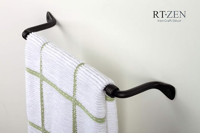 RTZEN Matte Black Hand Towel Holder for Bathroom - Handcrafted Farmhouse Wrought Iron Metal Kitchen Bar - Small Hand Towel Bar Hanger for Home or Office - Wall Mounted Rack Fits 10" Towels