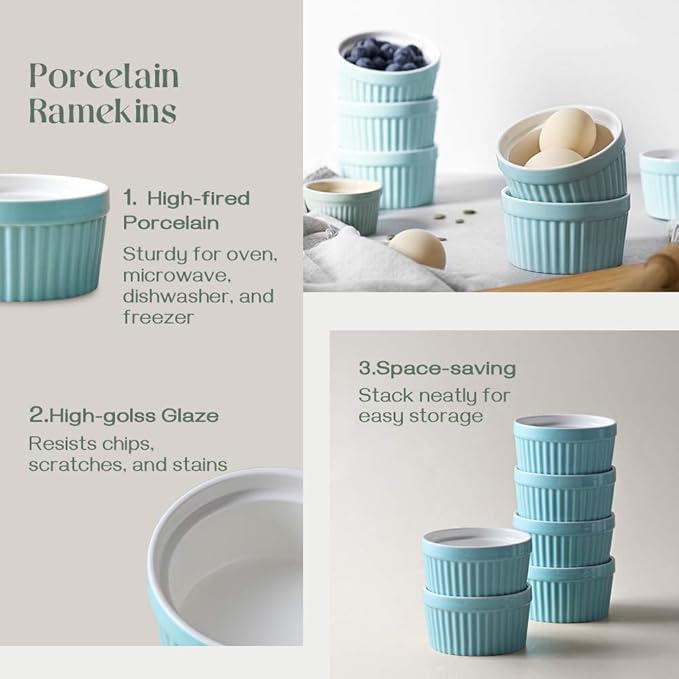 DOWAN Ramekins 6 oz Oven Safe - 6 oz Ramekins for Creme Brulee Souffle, Porcelain Ramekins for Baking, Classic Style Ramekins Bowls, Set of 6, Blue