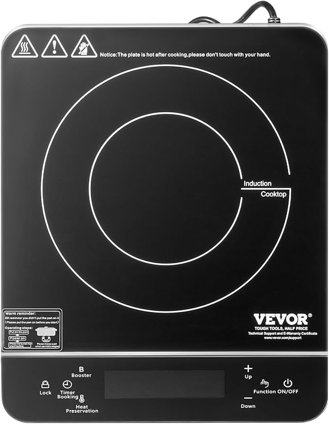 VEVOR Portable Induction Cooktop, 1500W Electric Induction Burner with 9 Temperature Settings, Countertop Induction Hot Plate with 4H Timer, 24H Reservation, Child Lock, Easy to Clean, for Cooking