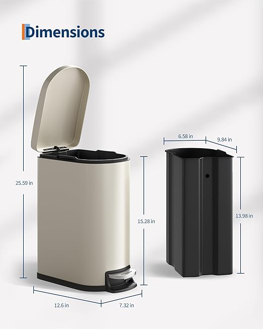 GarveeHome 2.6 Gallon Bathroom Trash Can, Space-Saving Slim Stainless Steel Step-On Garbage Bin with Soft Close Lid, Removable Inner Bucket for Bathroom & Bedroom, Sand Beige