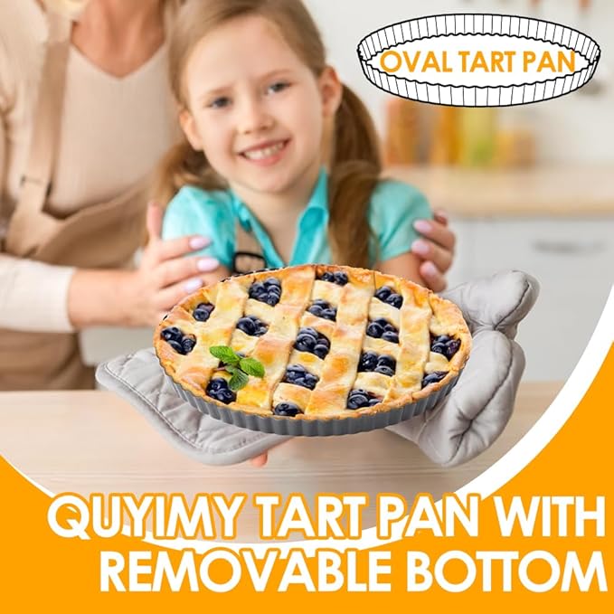 Tart Pan 10 Inch Oval Quiche Pan, Carbon Steel Pie Pans with Oil&Dish Brush Non-Stick Quiche Tart Pan with Removable Bottom for Tarts, Pies, Mousse Cakes and Desserts