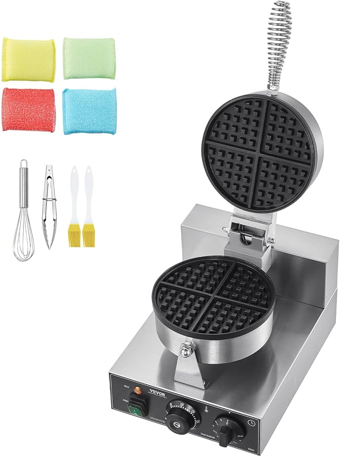 VEVOR Commercial Waffle Maker, 1230W Round Waffle Baker Machine, Non-Stick Stainless Steel Belgian Waffle Iron with Temperature and Time Control, Handle, for Restaurant Bakery Snack Bar Family