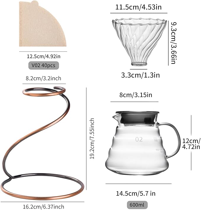 Coffee Pour Over Set – Complete Pour Over Coffee Maker with Dripper, 40Filters, and Metal Stand – Portable & Stylish V60 Style Drip Coffee Brewer