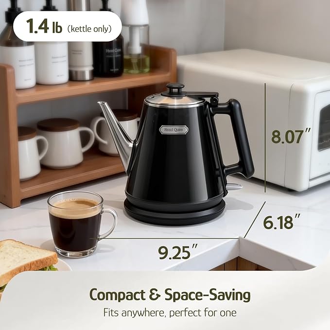 Hazel Quinn Electric Kettle - 1L/34oz Small Tea Kettle, 800W Fast Boil, All 304 Stainless Steel Interior, Double Wall for Cool Touch and Thermal, Auto Shut-Off, BPA-Free, Cordless - Jet Black