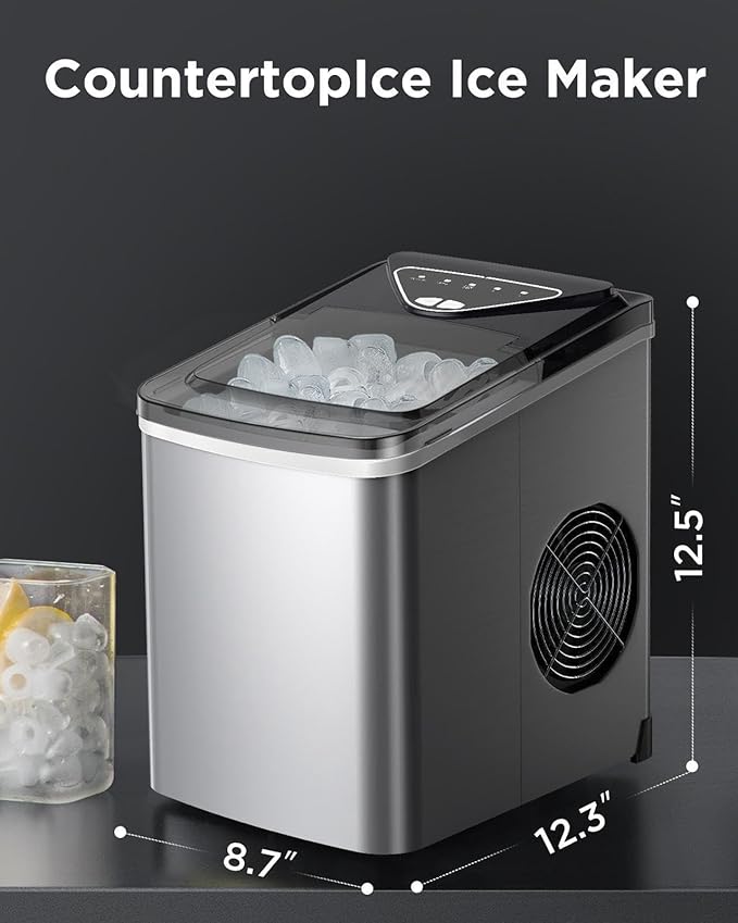 Silonn Countertop Ice Maker, 9 Ice Cubes in 6 Mins, 26 Lbs in 24 Hrs, Compact Ice Machine with Ice Basket & Scoop, 2 Ice Sizes Self-Cleaning Ice Maker for Home/Party/Office, Stainless Steel
