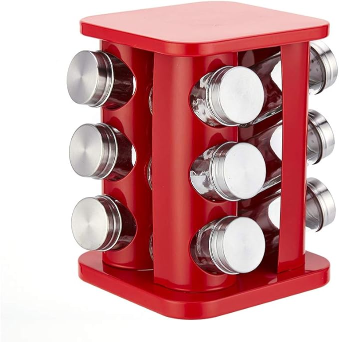 Revolving Spice Rack Organizer with 12 Jars, Countertop Spice Seasoning Rack Tower with 12 Glass Jar Bottles Refillable for Kitchen Cabinet, Stainless Steel, Red