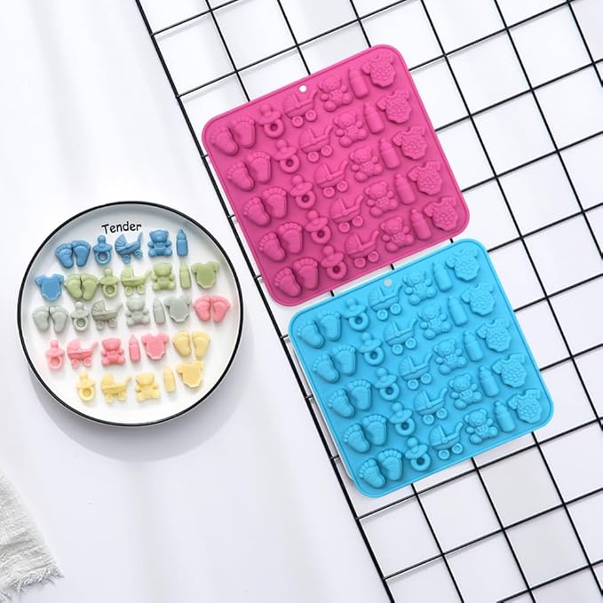 2 Pack Silicone Chocolate Molds - Feet, Onesie Bottle Pacifier Carriage Bear Mold, Silicone Mold for Candy Gummy Cake Cupcake Decoration Chocolate