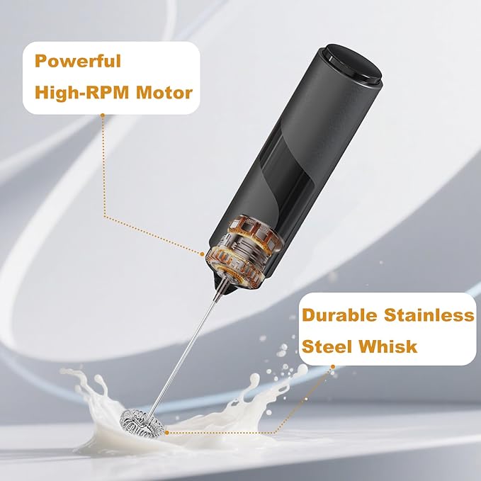 Handheld Milk Frother with Cover- 15-Second Silent Drink Mixer, Travel-Ready with ABS Sleeve, Battery-Powered for Coffee, Matcha & Shakes