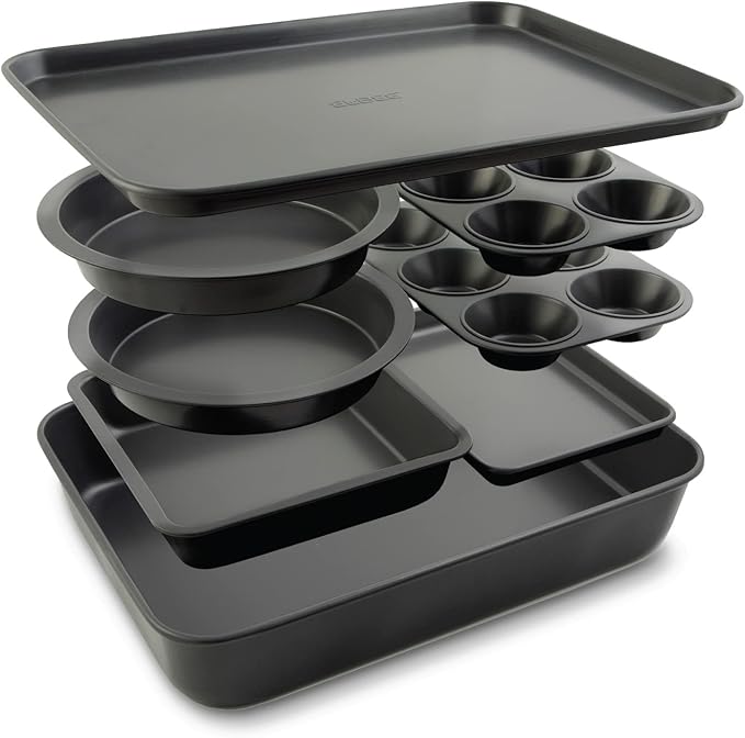 Elbee Home 8-Piece Nonstick Aluminized Steel, Space Saving Baking Set, With Deep Roasting Pan, Cookie Sheet, Cake Pans, Muffin Pans and Baking Pan PFOA & PFOS Free, Holiday Gift for Her