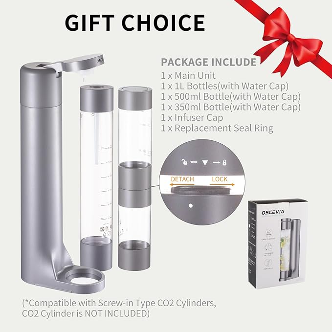 Sparkling Water Machine Soda Maker Beverage Drink Dispenser for Home, Soda Streaming with 1L BPA Free Bottle, 2 Portable Bottle for travel, Seltzer & Carbonator Srew-in 60L CO2 (NOT Included), Grey
