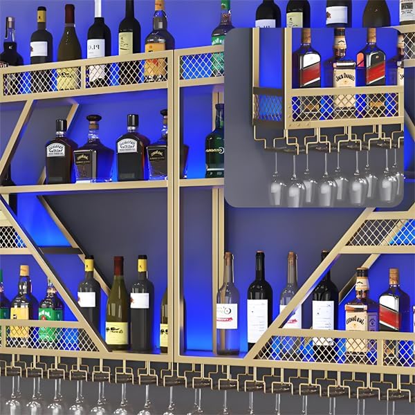 79inch Metal Wine Rack Wall Mounted, Modern Wine Storage Rack Wall Mounted with Wine Glass Holder, Liquor Shelf, Bar Shelves for Liquor Bottles (4 Tiers Black, 79 * 7.87 * 48.5INCH)