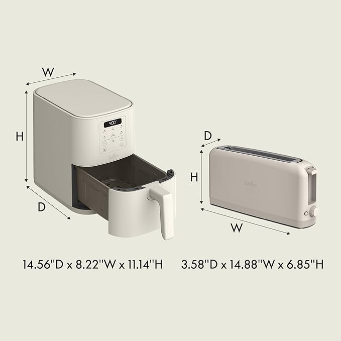 BELLA Slim 2 Slice Toaster + 4Qt Slim Air Fryer, Fits-anywhere™ Kitchenware, Small Air Fryer w 6 Preset Cooking Options and Slim Toaster w 6 Shades Control, Oatmilk