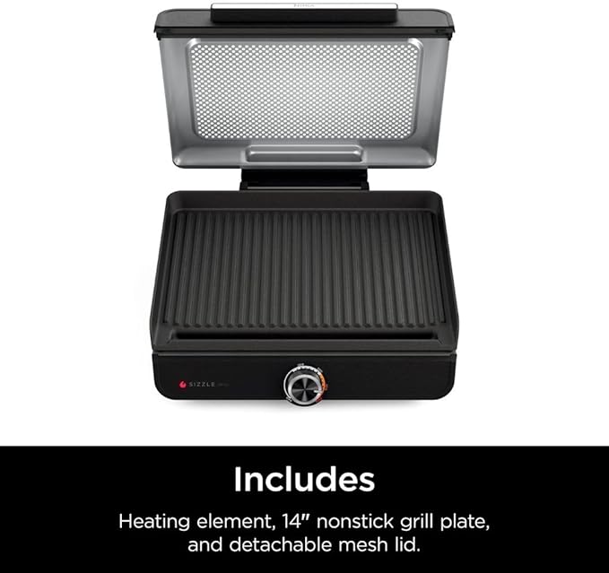 Ninja Sizzle GR100 Smokeless Indoor Grill, 500°F High Heat Kitchen Grill with Nonstick 14-Inch Plate, Low-Smoke Technology, Edge-to-Edge Heating, Family-Sized Capacity, Countertop Cooking Tool