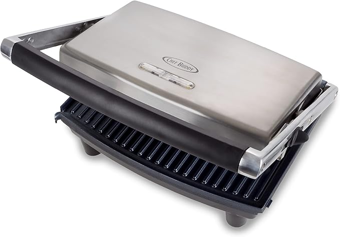 Panini Press Gourmet Grilled Cheese and Sandwich Maker - Electric Indoor Grill with Drip Tray for Healthy Cooking Options (Silver)