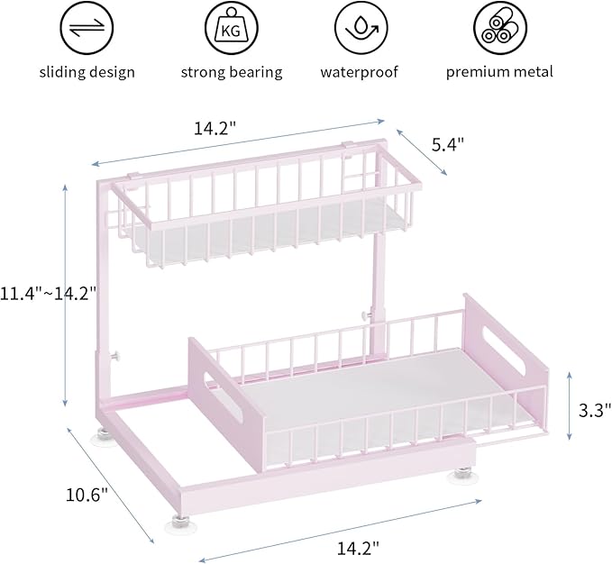 Saydear Under Sink Organizer Storage 2-Tier Premium Metal Pull-Out Kitchen Cabinet Organizer with Sliding Drawer, Height Adjustable, Heavy Duty for Kitchen & Bathroom Organizers 1 Pack Pink
