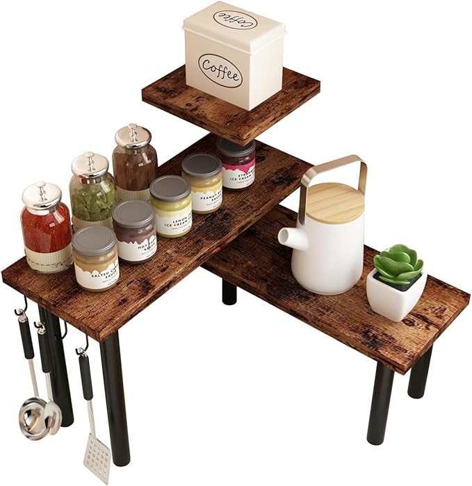 Homode Kitchen Countertop Organizer - 3 Tier Corner Shelf, Bathroom Counter Organizer, Spice Rack, Coffee Bar, Over Sink, Rustic Brown