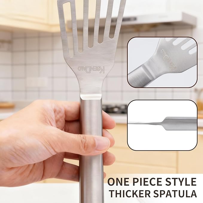 KSENDALO One-piece Fish Spatula Stainless Steel SUS304 - Thick Spatula with Flexible Thin Angled Blade Slotted Egg Flipper, Hollow Grip Metal Turner for Fish/Eggs/Omelettes, Dishwasher Safe