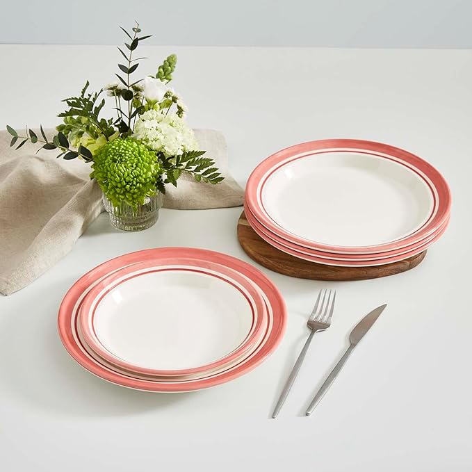Portmeirion Potter's Striped Dinner Plate (Set of 4) - 10.5-Inch Stackable Earthenware Plates - Microwave & Dishwasher Safe, Handcrafted Dinnerware for Casual & Formal Table Settings (Red Stripe)