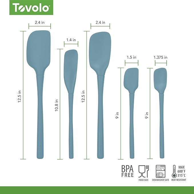 Tovolo Flex Core 5 Piece Silicone Spatula Set Heat Resistant All Silicone Utensils Include Non Stick Spatula Spoonula Jar Scraper, Dishwasher Safe BPA Free Spatulas for Baking Mixing, Blue Slate