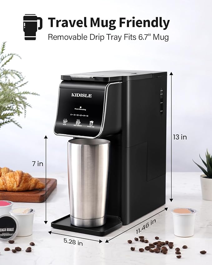KIDISLE Hot & Iced Single Serve Coffee Maker for K Cup & Grounds, 6–16oz Brew Sizes, 40oz Water Tank, Reusable Pod Filter, Easy-to-Use for Home, Office, Dorm, Black