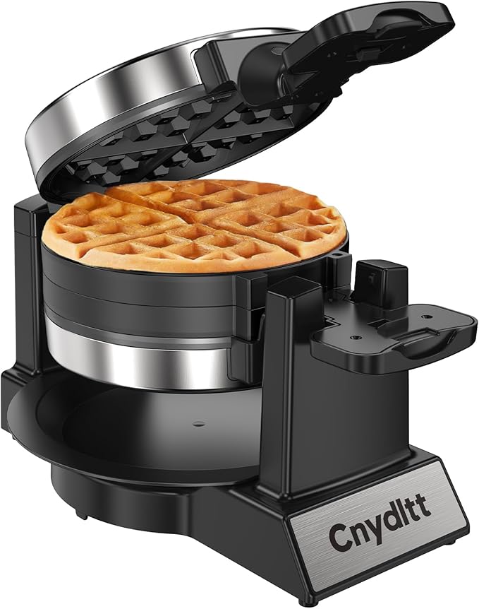 Cnydltt Double Waffle Maker, 1400W Rotating Belgian Waffle Iron with Nonstick Plates, 180° Flip, 8-Slice, Removable Drip Tray, Locking Lid & Cool Touch Handles, Stainless, Black