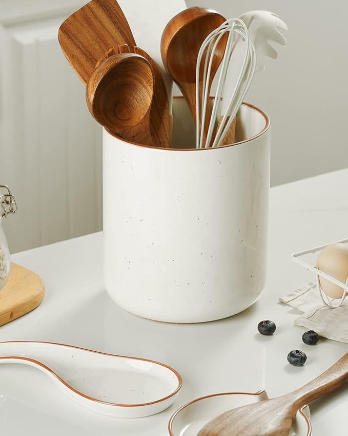 getstar Large Utensil Holder for Kitchen Counter,7.2" Vintage Ceramic Utensils Crocks Utensil Organizer for Spatula Farmhouse Kitchen Decor