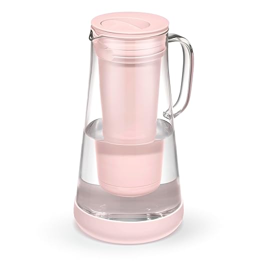 LifeStraw Home– Water Filter Pitcher, 7-Cup, Glass with Silicone Base, Pink Bubble, for Everyday Protection Against Bacteria, Parasites, Microplastics, Lead, Mercury, PFAS and a Variety of Chemicals