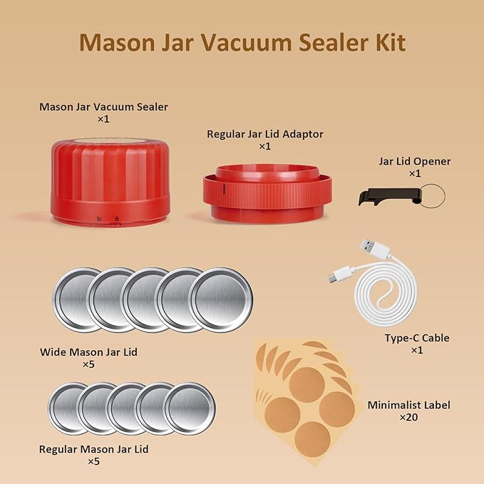 HTPOW Electric Mason Jar Vacuum Sealer - Fully Automatic Mason Jar Vacuum Sealer Kit for All Mason Jars with Regular Lids and Wide Mouth Lids, A Must-Have Tool for Canned Foods/Pantry - Red