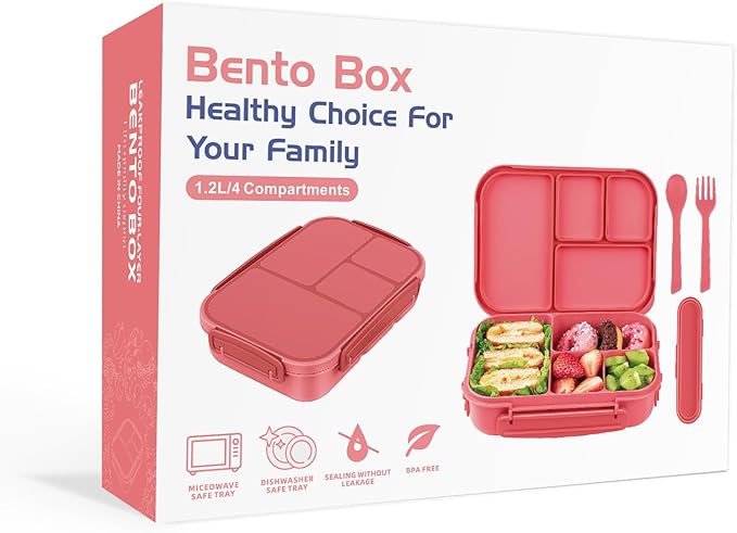 Amathley Lunch Box Kids,Bento Box Adult,Leakproof Lunch Containers for Adults/Kids/Toddler,1200ML-4 Compartments bento Lunch box with Utensil,Microwave & Dishwasher & Freezer Safe (Pink Berry)