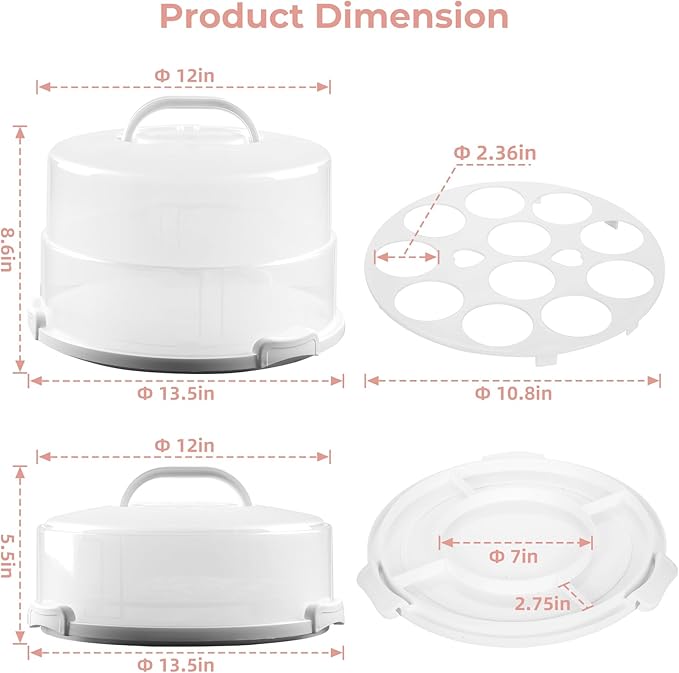 12in Extra Large Cake Carrier with Lid and Handle, Holds up to 12" round 7" high cake, Portable Cake Container for Transport Pies, Cupcakes, Cakes and More