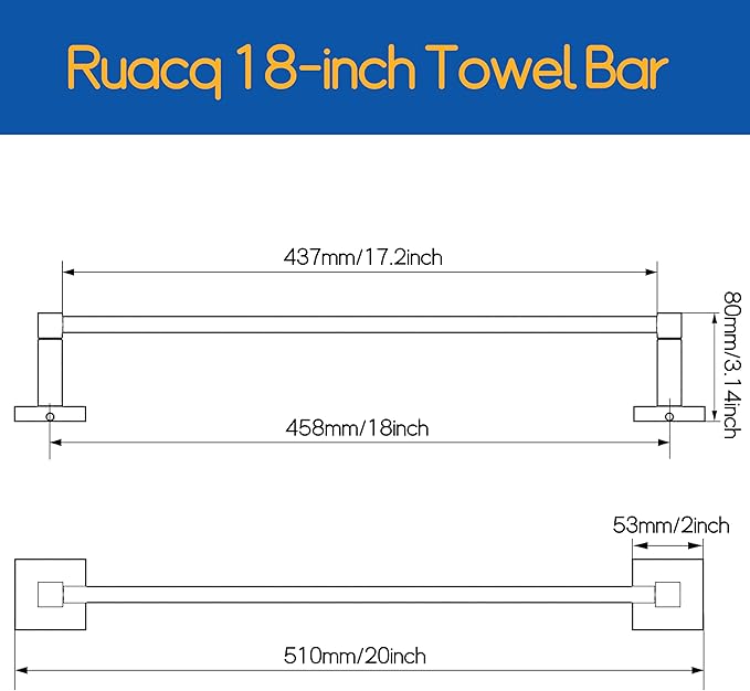RUACQ Chrome Towel Bar 18 inch, 304 Stainless Steel Towel Racks for Bathroom Wall Mounted, Heavy Duty Bath Towel Rod with Square Base(Chrome)
