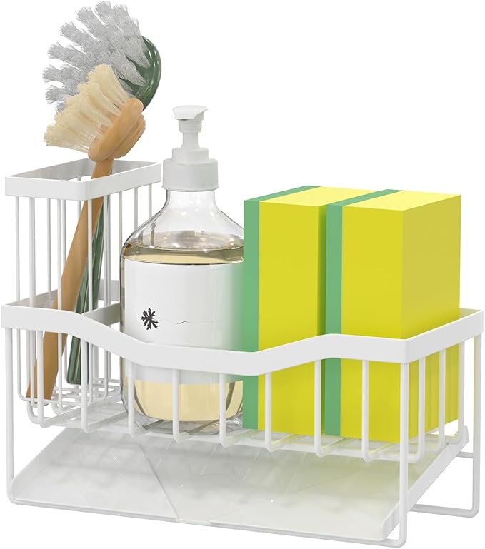 Maifan Sink Caddy Sponge Holder for Kitchen with Brush Holder and Stainless Steel Self Drain Tray, Rustproof Kitchen Sink Organizer for Sponge, Soap Dispenser Storage Accessories