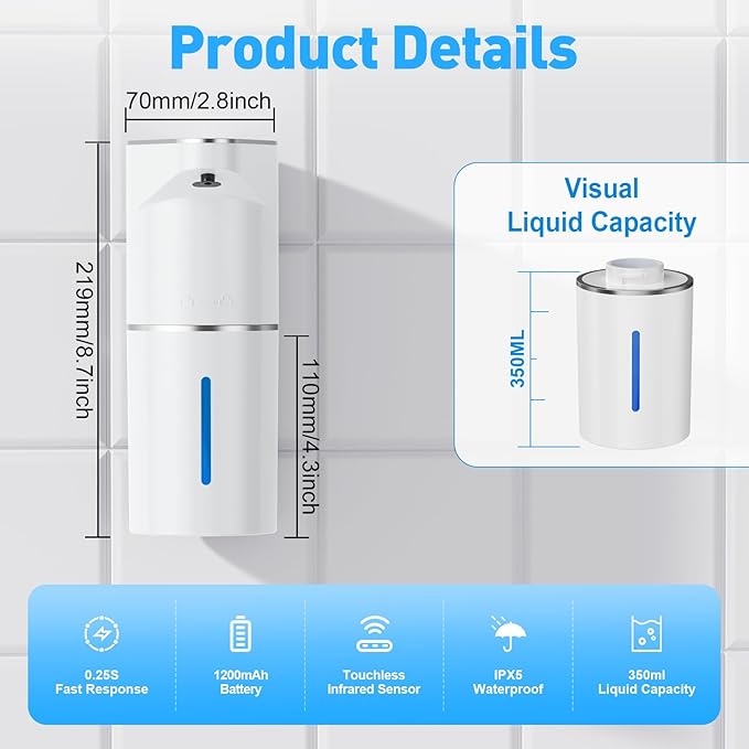 Automatic Soap Dispenser 350ml, Touchless Wall Mount Electric Soap Dispenser for Gel Soap with Infrared Motion Sensor, 3 Adjustable Levels for Bathroom, Kitchen and Office (White)