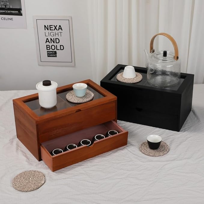 Tea Bag organizer Storage Box with Drawer Tea Organizers with Clear Acrylic Window Wooden Tea Box for Countertop with 8 Compartments Teabag Holder with 4 Cotton Woven Coasters(WBrown02)