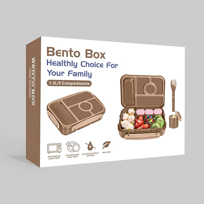 Amathley Bento Box Adult Lunch Box Kids,Lunch Containers for Adults/Kids/Toddler,5 Compartments Bento Lunch Box with Sauce Vontainers,Microwave & Dishwasher & Freezer Safe,BPA-Free (Brown)