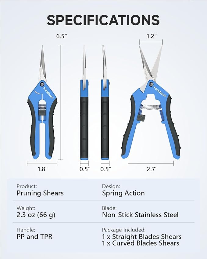 Fondwell 6.5" Pruning Shears Trimming Scissors: 2 Pack of Small Garden Snips with Micro Tip - Plant Clippers of High Cutting Efficiency