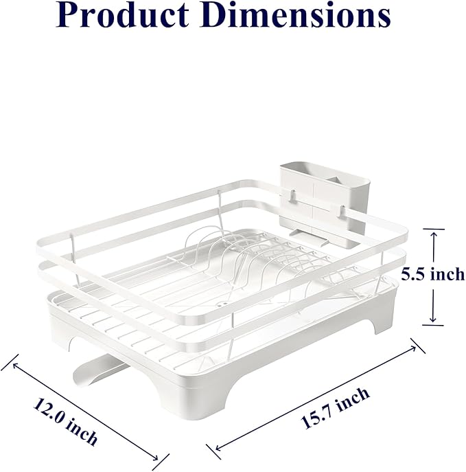 Kitsure Dish Drying Rack - Multi-Functional Dish Rack for Kitchen Counter with Cutlery Holder, Rust-Proof Storage Solution with Rotatable, 15.7" x 12.0" x 5.5", White