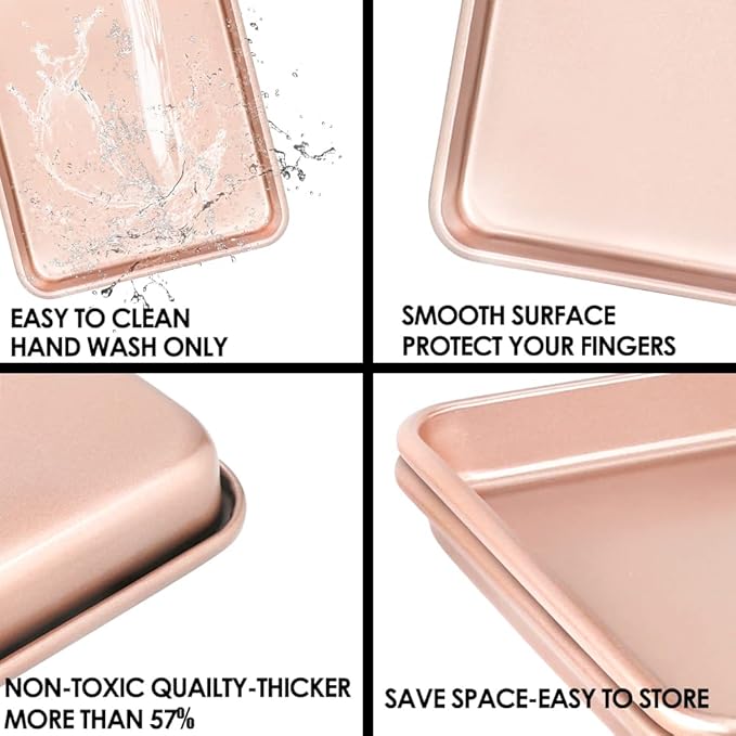 11" x 9" Baking Pans, Cookie Sheets Set of 2, Nonstick Toaster Oven Pan Set for Baking, Heavy Duty Carbon Steel Non-toxic Oven Replacement Cookie Tray for Kitchen Bakery, Gold