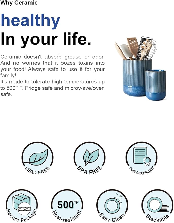 LE TAUCI Utensil Holder for Kitchen Counter, 7.3"+5.4" Fluted Ceramic Utensil Crock Organizer for Countertop, Heavy Large Holder for Spatulas, Spoons, Set of 2, Blue Marble