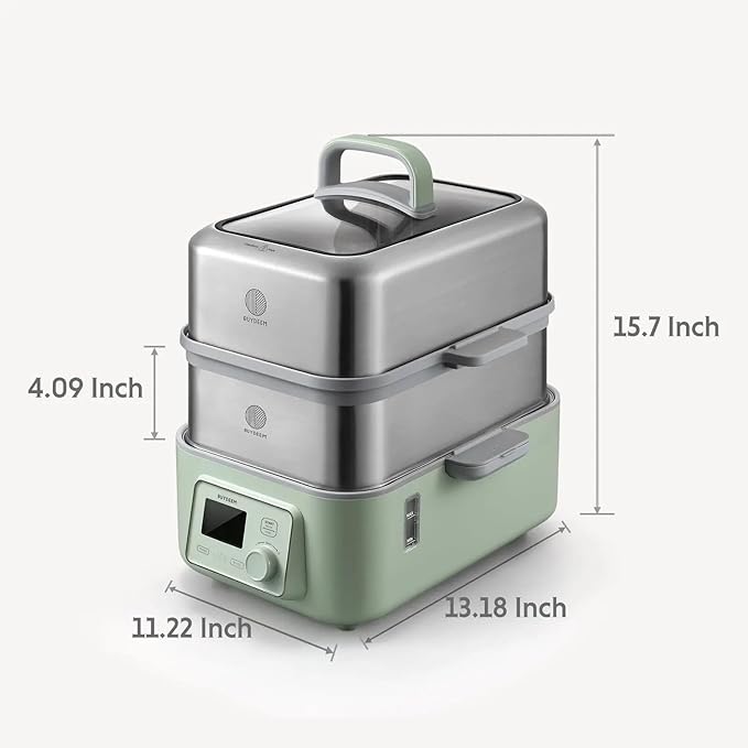 BUYDEEM G563-A501 Electric Food Steamer for Cooking, 2 Tire Stainless Steel Steamer with Slow Cook Mode, 1500W, 10-Quart, Green