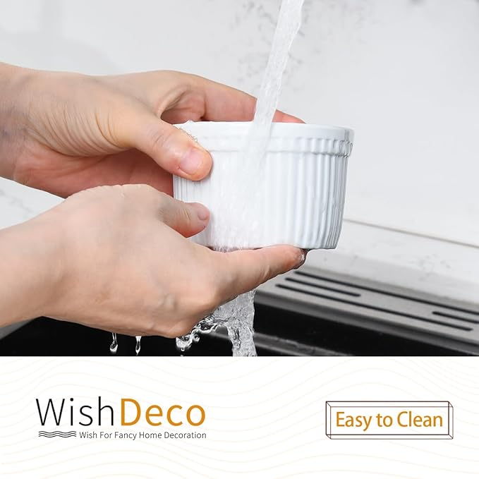 WishDeco Ramekins Set of 6, Creme Brulee Ramekins 7 oz, White Dipping Sauce Dishes, Porcelain Ramekin Bowls for Baking, Souffle, Custard Pudding, Cake, Oven Safe