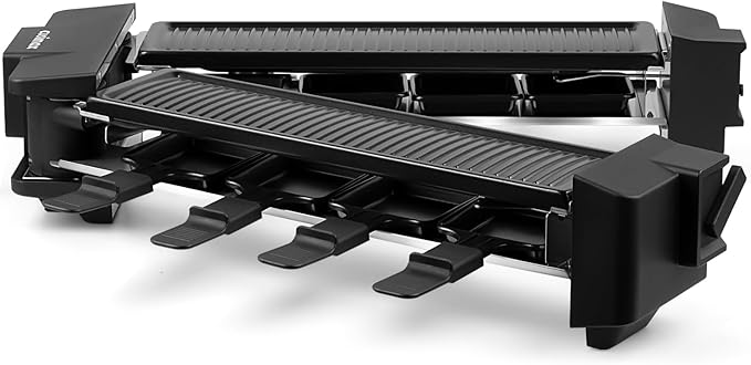 CUSIMAX Raclette Grill Raclette Table Grill Rotatable Korean BBQ Grill, 1400W Indoor Grill with 2 Non-stick Grill Plates, 8 Cheese Trays and Wooden Spatulas, Tabletop Electric Grill for 8 People
