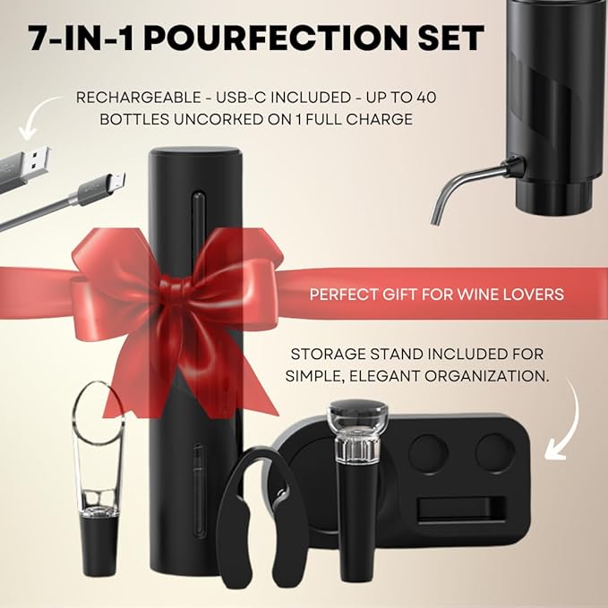 Rechargeable Electric Automatic Wine Bottle Opener Electric Aerator Foil Cutter Vacuum Stopper Pourer 7in1 Wine Accessories Set w Storage Stand Sleek Design Wine Lover Gift Home Kitchen Bar Must-Have