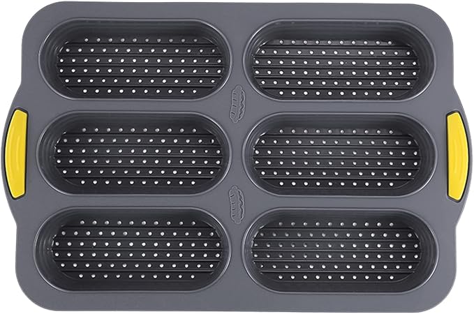 6-cavity Silicone Bread Loaf Pan, Nonstick Sourdough Loaf Pan & Heat Resistant Baguette Bread Pan, Bread Pans for Homemade Bread, Silicone Molds for Baking Hoagie Rolls, Hot Dog Bun