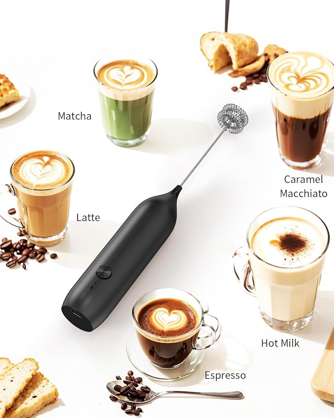 CIRCLE JOY Rechargeable Milk Frother Handheld, Coffee Frother Wand Drink Mixer with Stainless Steel Whisk for Coffee, Cappuccino, Lattes, Frappe, Matcha and Hot Chocolate, Black