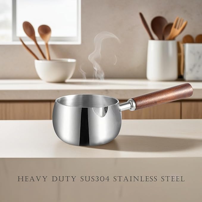 IMEEA 17oz Milk & Butter Warmer Pot SUS304 Stainless Steel Sauce Pot with Wooden Handle for Single Servings, Heating Milk, Melting Butter, Warming Sauces