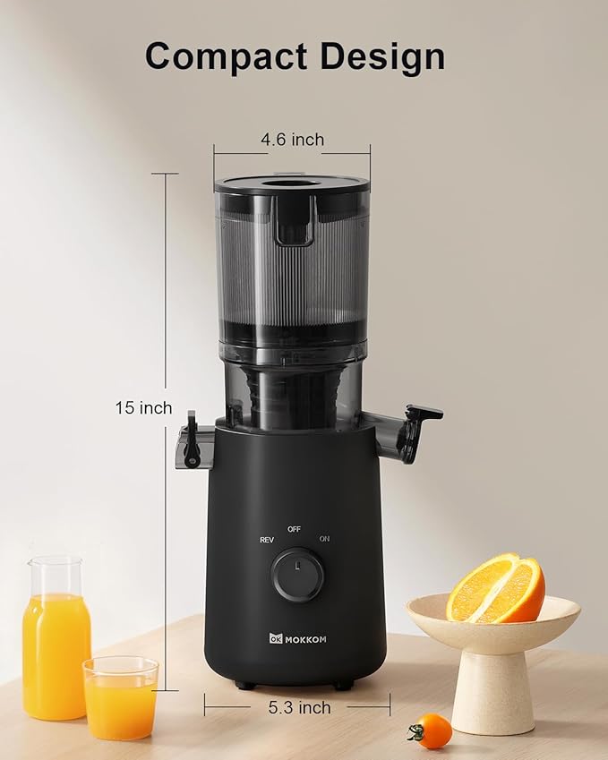 MOKKOM Cold Press Juicer, Updated Large Feed Chute Juice Extractor Machine, High Juice Yield, Slow Masticating Juicer Fit Whole Fruits Vegetables, Black