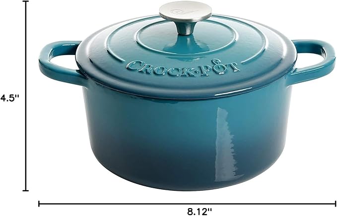 Crock-Pot Artisan 3-Quart Round Enameled Cast Iron Dutch Oven – Gradient Teal, Durable Heavy-Duty Cookware for Slow Cooking, Roasting, Baking with Lid