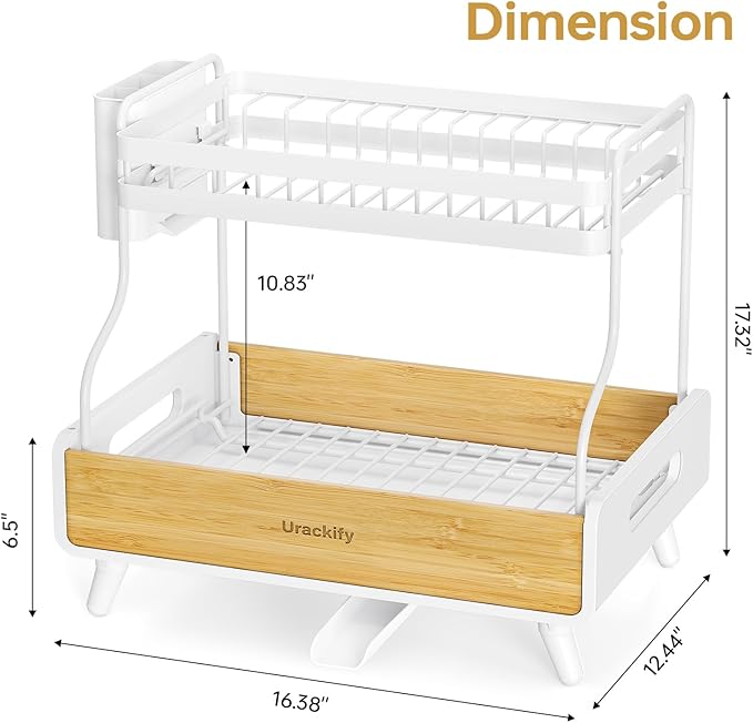 Urackify 2-Tier Dish Drying Rack, Large Stainless Steel & Bamboo Dish Rack for Kitchen Counter, Dish Drainers with Adjustable Automatic Spout, Drying Rack Kitchen with Utensil Holder, White