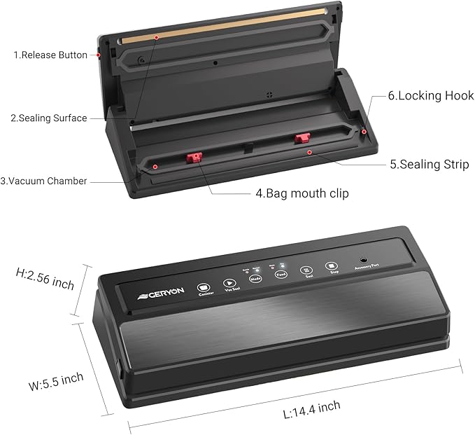 GERYON Vacuum Sealer Machine, Food Vacuum Sealer with Powerful Suction | Slim Design | Easy to Use | Led Indicator Lights for Sous Vide, Meal Prep, w/Starter Kits for Vacuum Seal Container (Black)